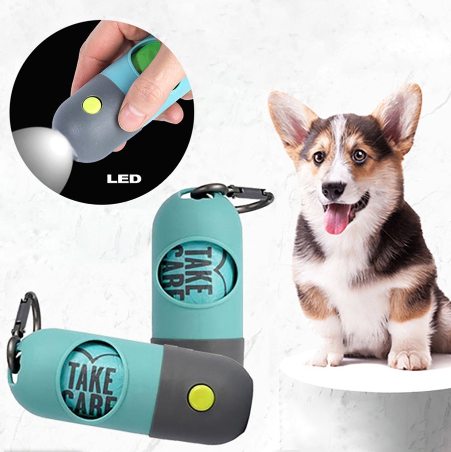 Dispensador de bolsas para desechos de mascotas con luz LED, cápsula luminosa, recogedor de desechos para perros, suministros para mascotas, organizador portátil de bolsas de basura