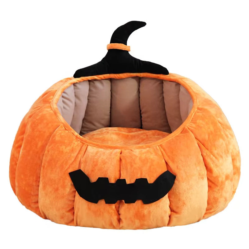 Cama para gatos acogedora con forma de calabaza de Halloween, cálida cama para mascotas con diseño de diablo de dibujos animados, nido de felpa suave para gatos y perros pequeños, para invierno y otoño 