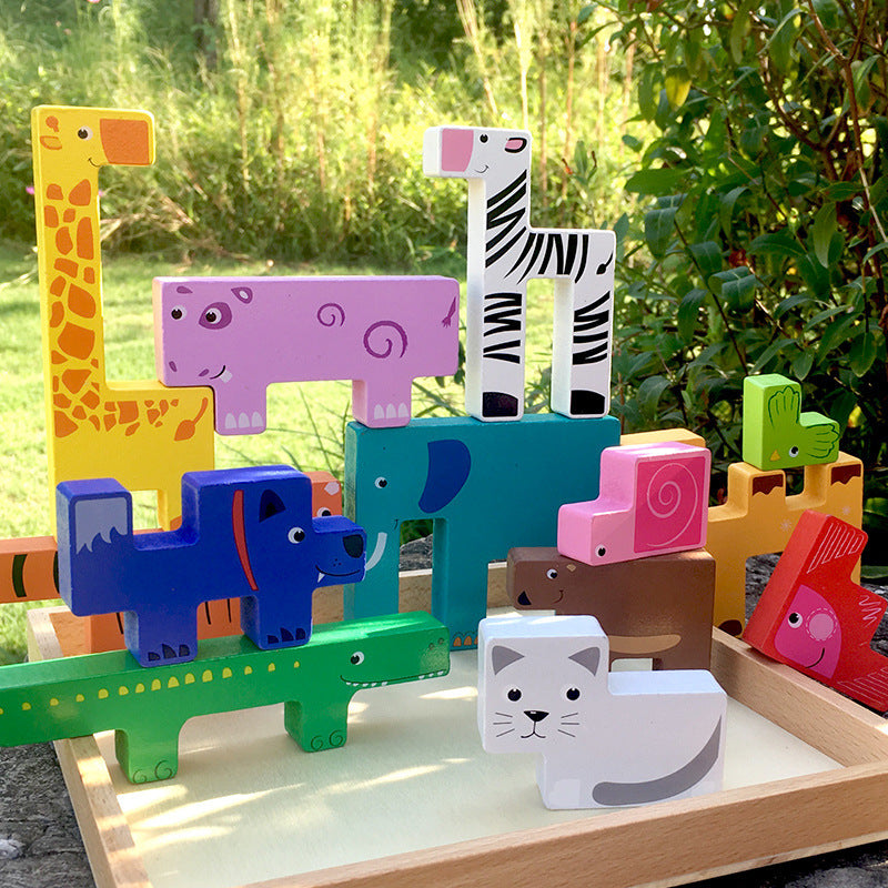 Wooden animal building block toys puzzle for children