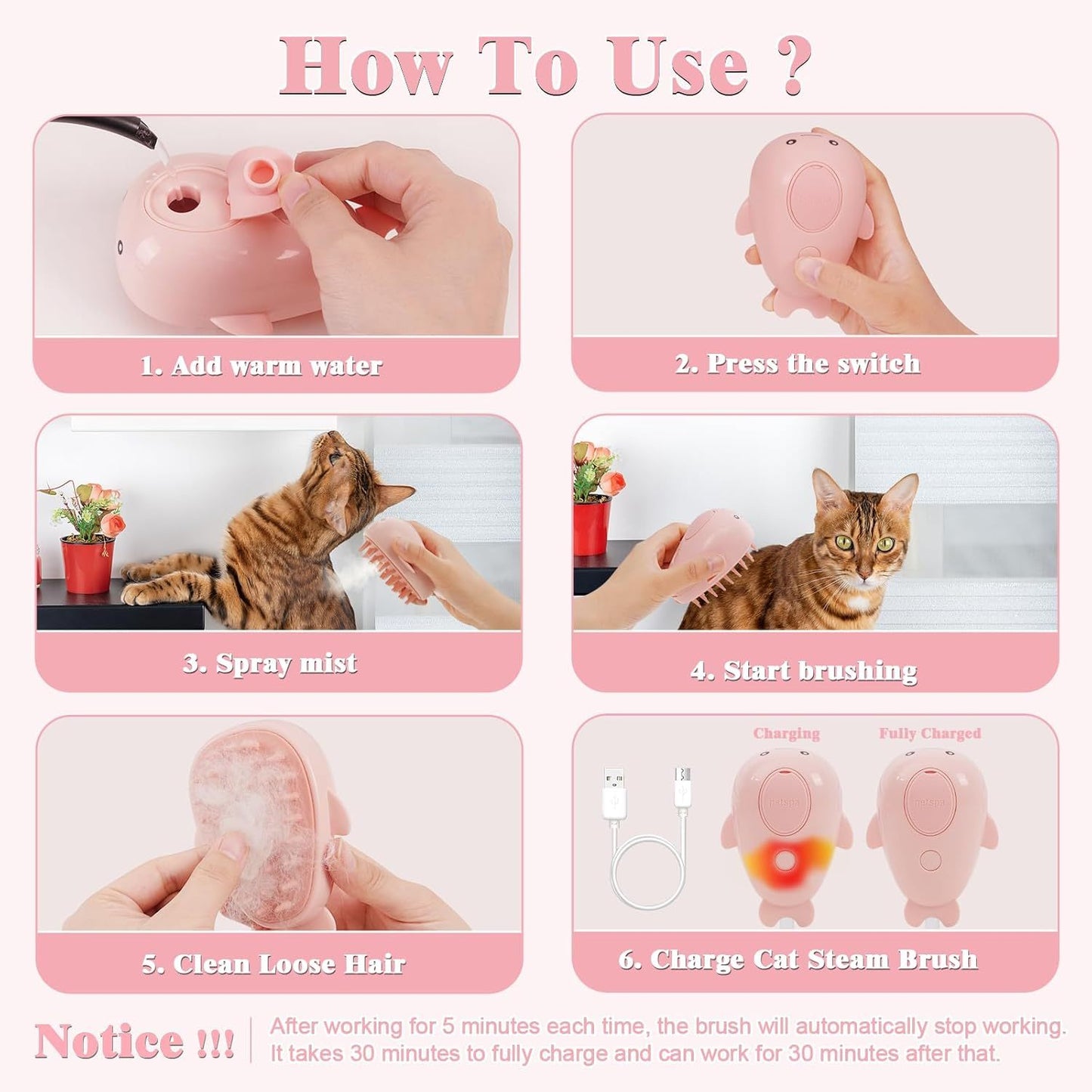 Whale Cat Steam Brush-3 In 1 Steamy Cat Brush, Rechargeable Steamy Pet Brush Self Cleaning Cat Groom Brush Silicone Spray Cat Steamer Brush For Massage, Pet Hair Removal Comb For Cats Dog