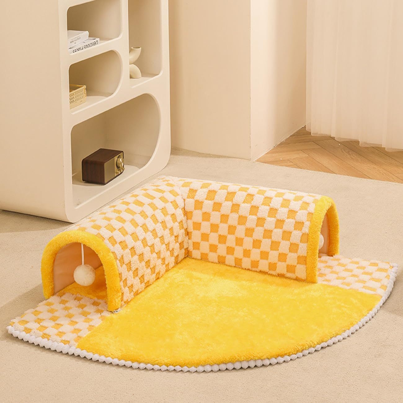 2 In 1 Dog Cat Bed Tunnel Cute Fan Shaped Pet Bed Funny Plush Plaid