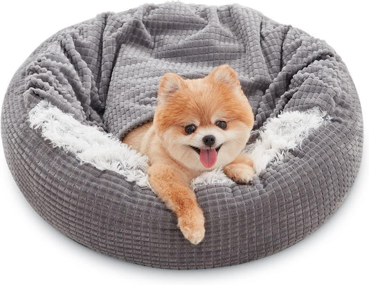 Small Dog Bed With Blanket Attached, Round Calming Hooded Cozy Cave Dog Beds For Small Dogs, Soft Plush Cuddler Puppy Pet Bed And Dog Burrow Cave Bed, Anti-Slip Bottom