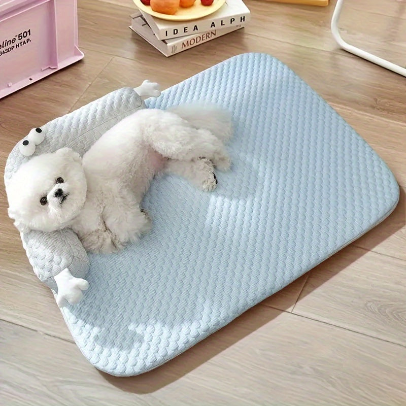 Lit rafraîchissant pour animaux de compagnie avec motif de monstre aux grands yeux Coussin de canapé en polyester antidérapant respirant pour chiens et chats Tapis de couchage d'été pour la maison et l'extérieur 