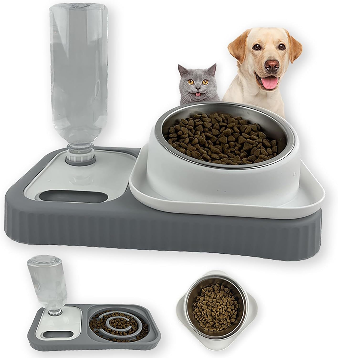 Ensemble de gamelles pour chien et chat - Double gamelle avec bouteille d'eau à gravité automatique - Mangeoire lente surélevée - Bol amovible en acier inoxydable - Distributeur surélevé anti-déversement à 15 inclinaisons