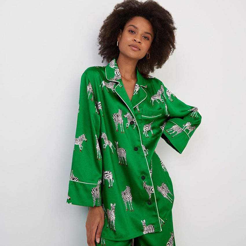 Pyjama en Satin à manches longues pour femmes, imprimé Animal, vert, vêtements de maison confortables