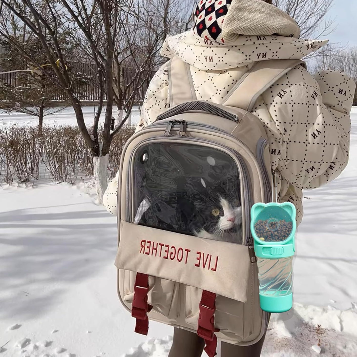 Botella de agua para mascotas 3 en 1, botella de agua portátil para perros al aire libre con contenedor de alimentos, dispensador de bolsas de basura para gatos, cachorros, mascotas, accesorios para caminar, senderismo, viajes