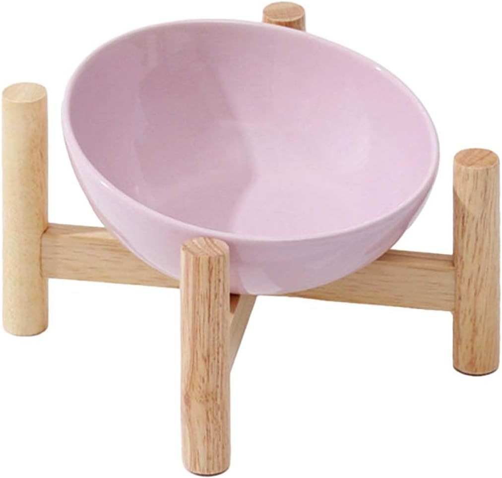 Elevated Raised Bowl For Indoor Cats, Cat Basic Bowls Dish With Wooden Stand For Water And Food, Ceramic Raised Bowl, Anti-Slip And Easy To Clean, Dopamine Colour