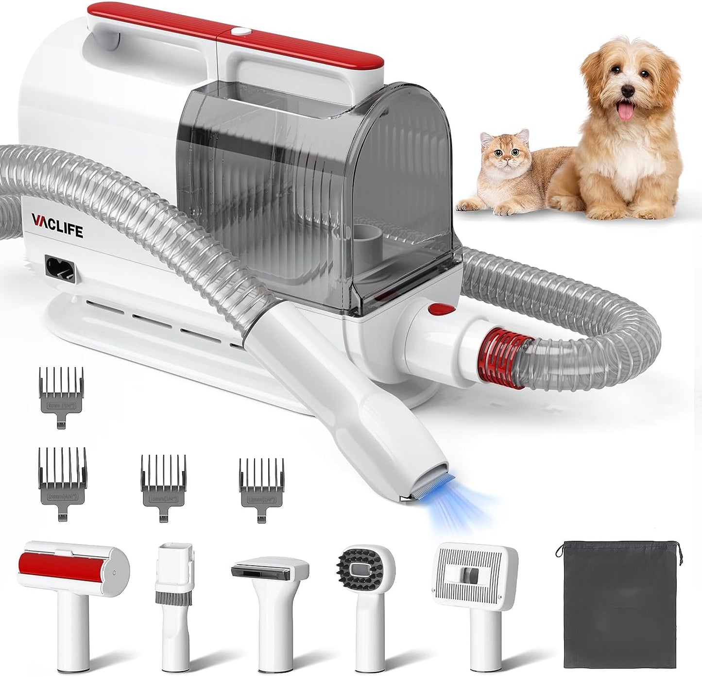 VacLife Aspirateur pour poils d'animaux pour le toilettage avec tondeuse pour chien – Kit de toilettage polyvalent avec brosses et autres outils de toilettage pour chiens et chats – Faible bruit – Blanc et rouge