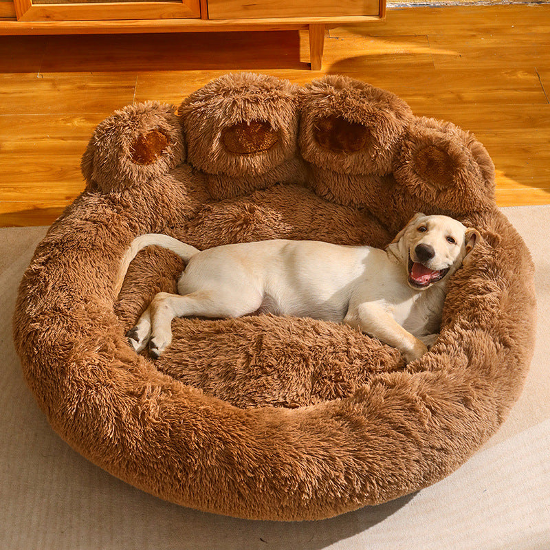 Cama para perros y gatos, estera redonda para mascotas grandes, casa larga de felpa para dormir profundo, cálida forma de pata de oso, cojín súper suave, camas tranquilas