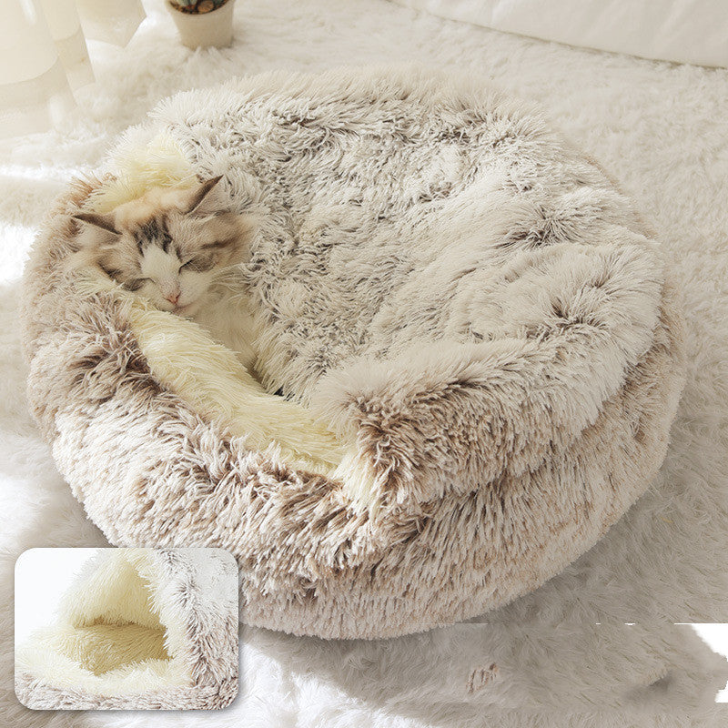 Lit d'hiver 2 en 1 pour chien et chat, lit rond en peluche chaud, maison douce et longue en peluche pour animaux de compagnie