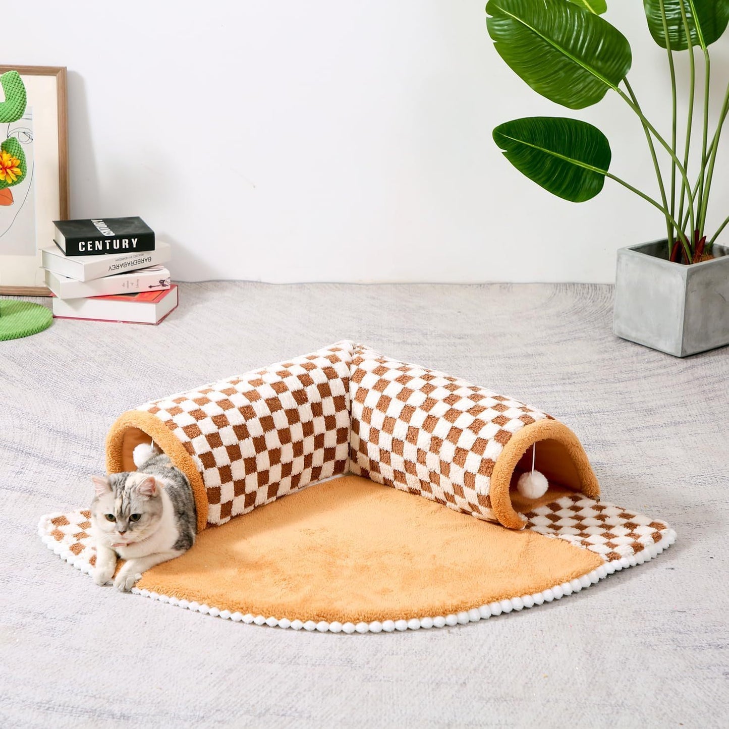 Cama tipo túnel 2 en 1 para perros y gatos, bonita cama para mascotas con forma de abanico, divertida y a cuadros de felpa