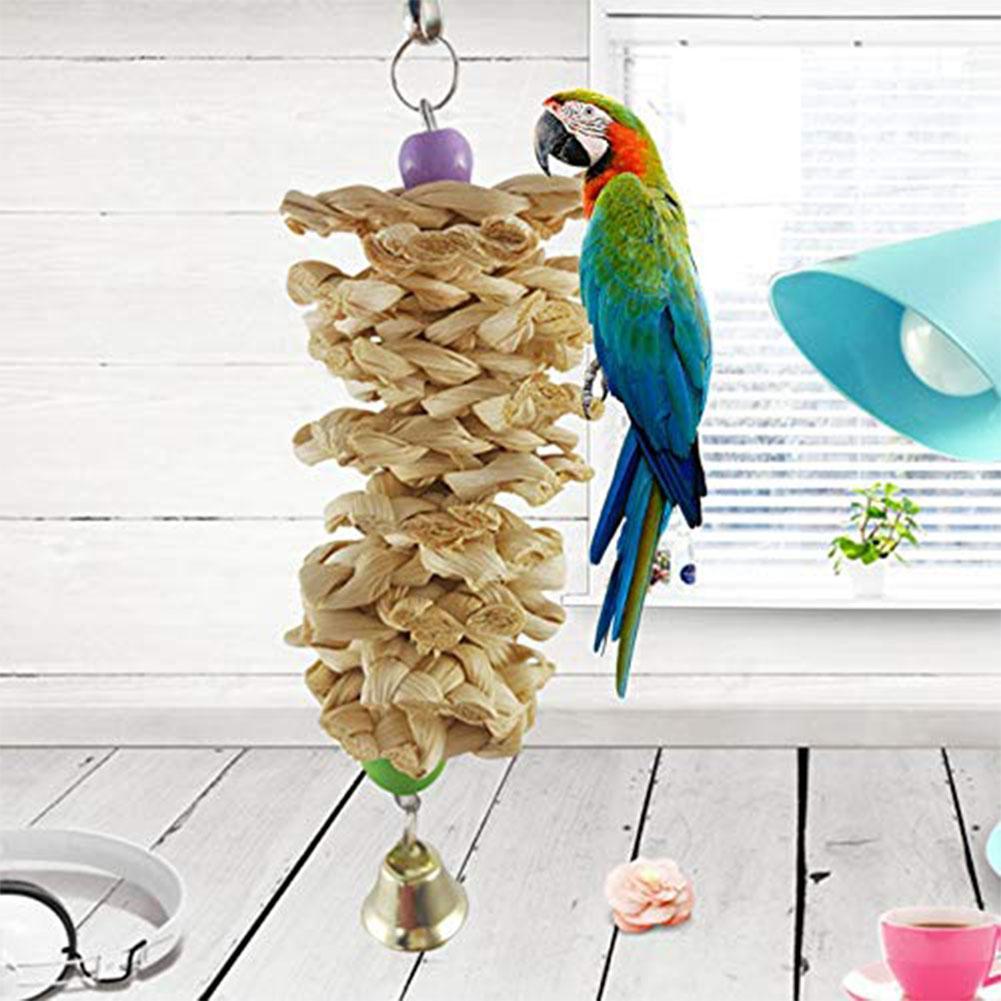 Bird Parrot Toy With Bell Natural Wooden Grass Bite Hanging Cage