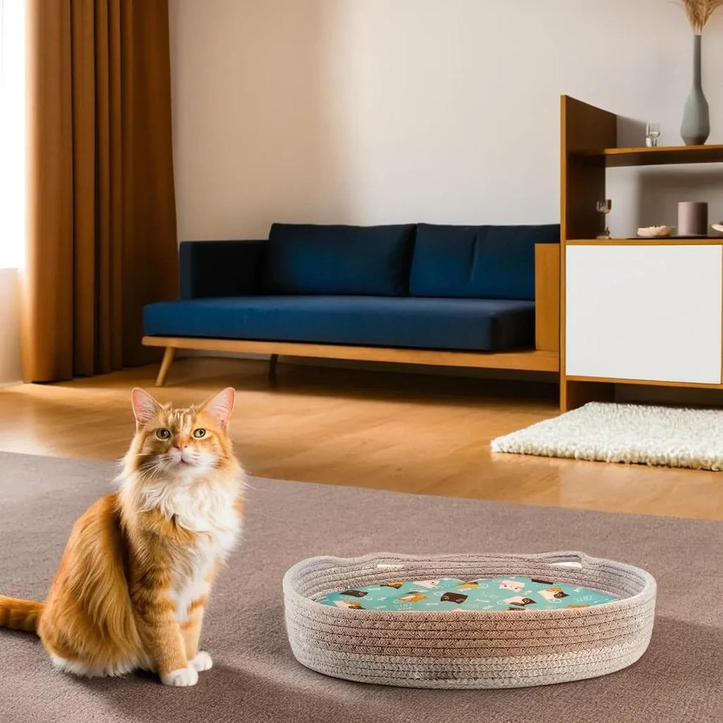 Lit rond pour chat d'intérieur, panier pour chat, lit en osier pour chat, lit en forme de beignet, nid rafraîchissant pour chat pour dormir en été, coussin lavable pour animaux de compagnie pour gratter le chat