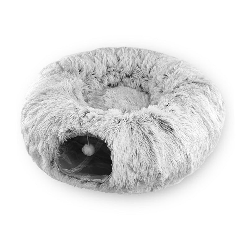 Lit pour chat en peluche chaud avec tunnel pour chats d'intérieur pliable en forme de donut pour chat, grotte de couchage antidérapante pour chaton, fournitures pour animaux de compagnie