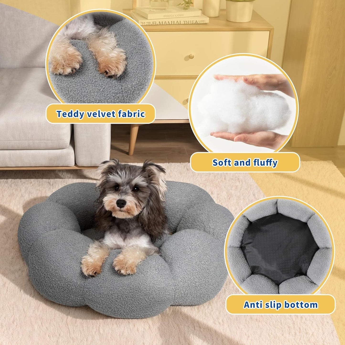 Camas calmantes para gatos para gatos de interior Cama para perros y gatos con flores esponjosas en peluche Sherpa Round Donut Cuddler Cama para cachorros Cama antideslizante lavable a máquina