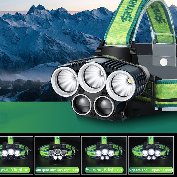 USB Charging Strong Light 5LED Outdoor Camping Headlight