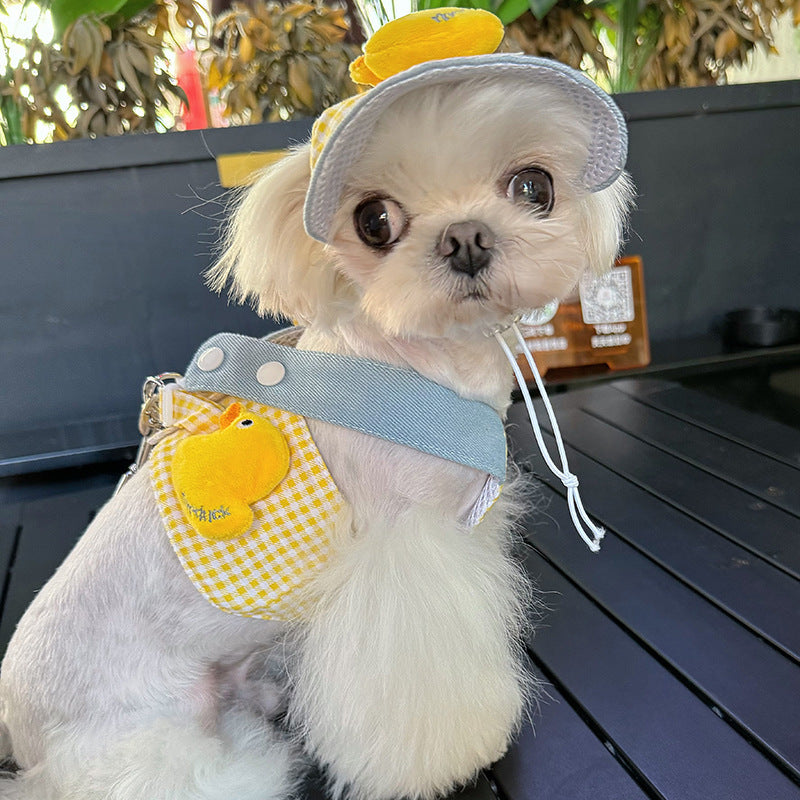 Spring Summer Pet Wire Rope Pulling Rope Cute Hat Three Piece Cat Clothes Outgoing Pulling Set Dog Harness And Leash Set