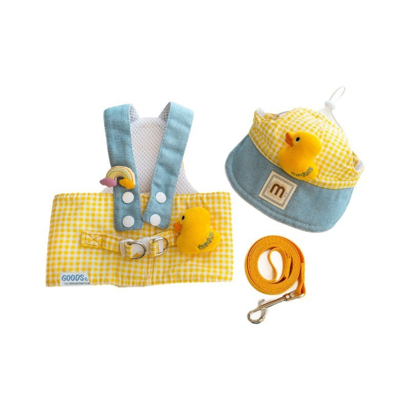 Spring Summer Pet Wire Rope Pulling Rope Cute Hat Three Piece Cat Clothes Outgoing Pulling Set Dog Harness And Leash Set