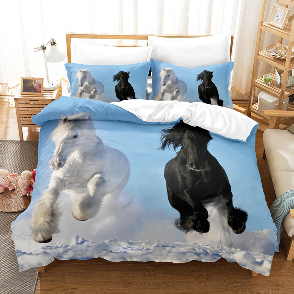 Animal Horse Pattern 3-piece Quilt Cover Set Coral Fleece Home Textile