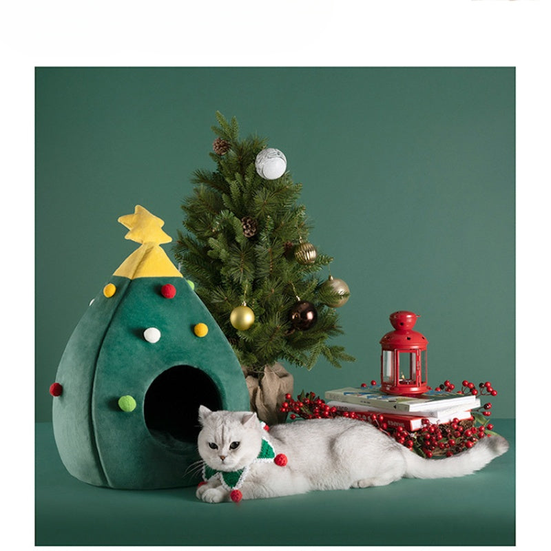 Christmas Cat And Dog Nest Warm Comfortable Plush Teddy Pet Bed Cave Bed Shape Tree Cat Nest Detachable And Washable Pet Supplies