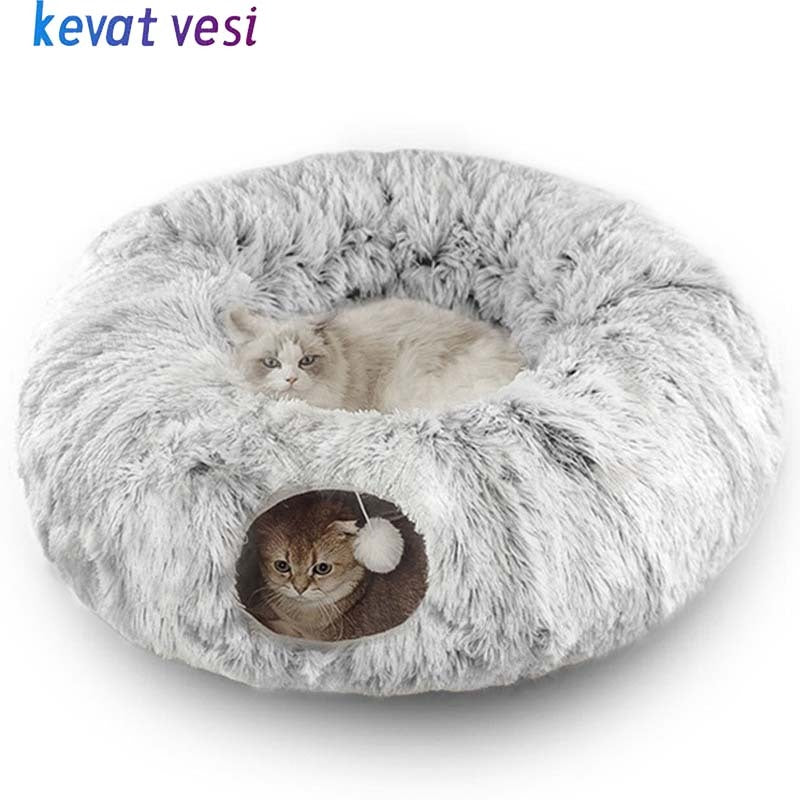 Lit pour chat en peluche chaud avec tunnel pour chats d'intérieur pliable en forme de donut pour chat, grotte de couchage antidérapante pour chaton, fournitures pour animaux de compagnie