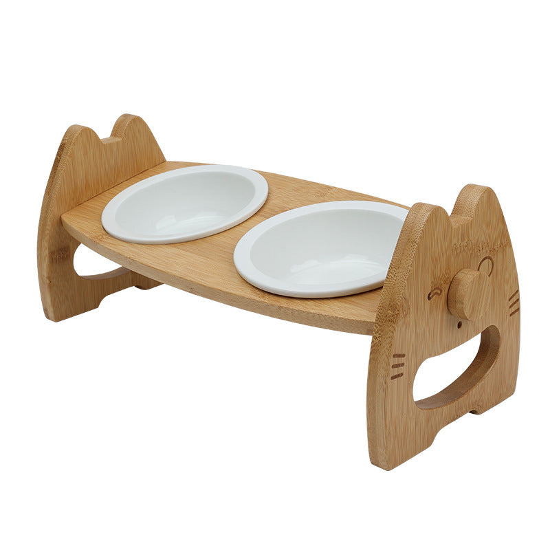 Cuenco de cerámica para mascotas, cuenco doble, soporte de madera, protección para el cuello, cuenco para comida para perros y gatos, altura ajustable, cuencos separados con inclinación, accesorios para mascotas