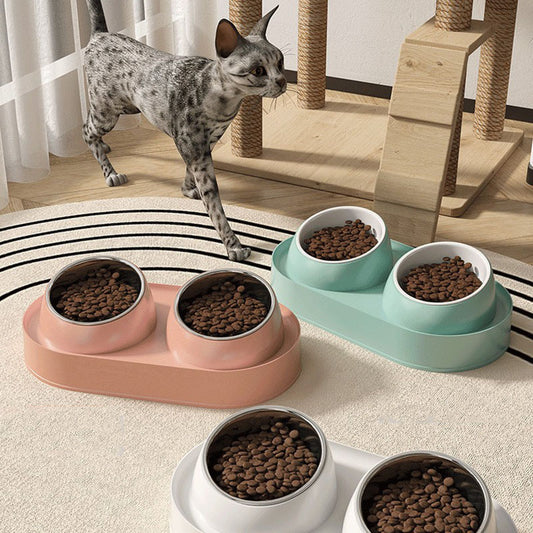 Pet Double Bowl Tilt Protect Neck Cat Bowl Non-slip Dog Food Dish Elevated Cat Dog Food Water Feeder Not Black Chin Pet Supplies