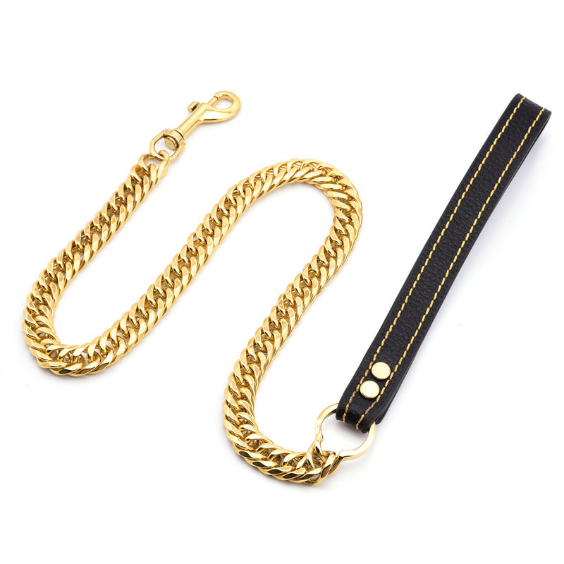 17MM Wide Double Six-sided Grinding Titanium Steel Stainless Steel Pet Dog Chain Leather Leash