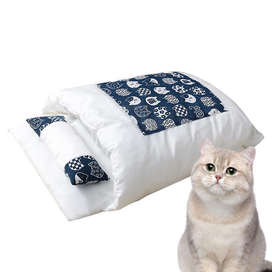 Lit pour chat d'hiver amovible et chaud pour chat - Sac de couchage pour animal de compagnie - Sommeil profond - Lit pour chien - Nid pour chat - Coussin avec oreiller