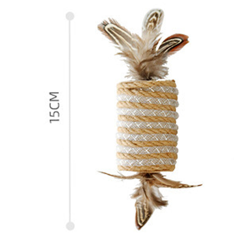 Toy With Cat Feathers Hemp Rope For Scratching Self-grinding Claw Sound Roller For Pets Bite Resistant Toy