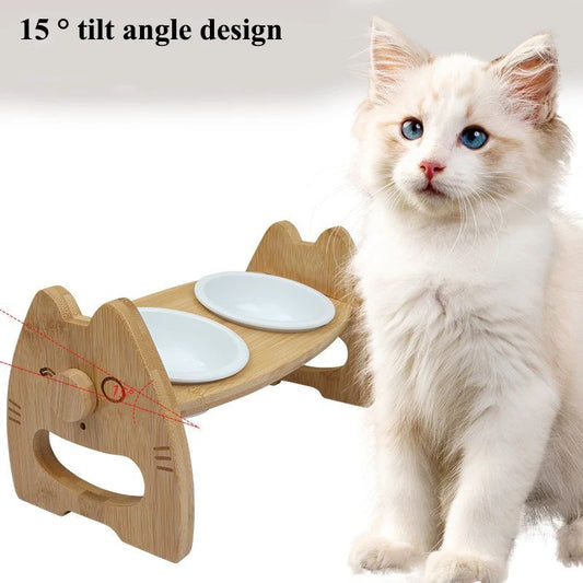 Cuenco de cerámica para mascotas, cuenco doble, soporte de madera, protección para el cuello, cuenco para comida para perros y gatos, altura ajustable, cuencos separados con inclinación, accesorios para mascotas