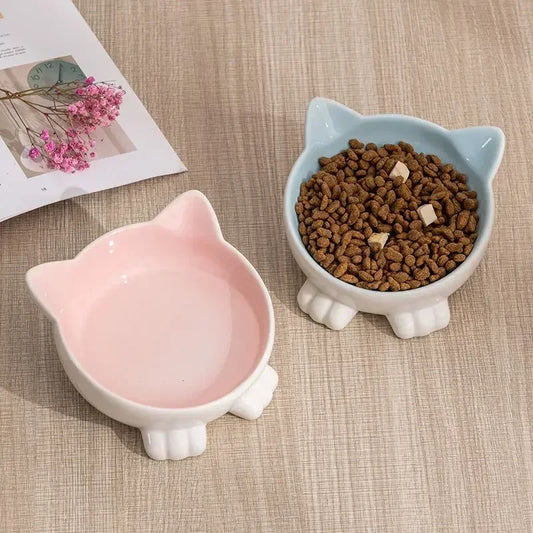 Figura de cara de gato de dibujos animados Cuenco de cerámica de pie alto Cuenco para beber cervical protector Utensilios de comida para gatos Cuenco para gatos Suministros para mascotas