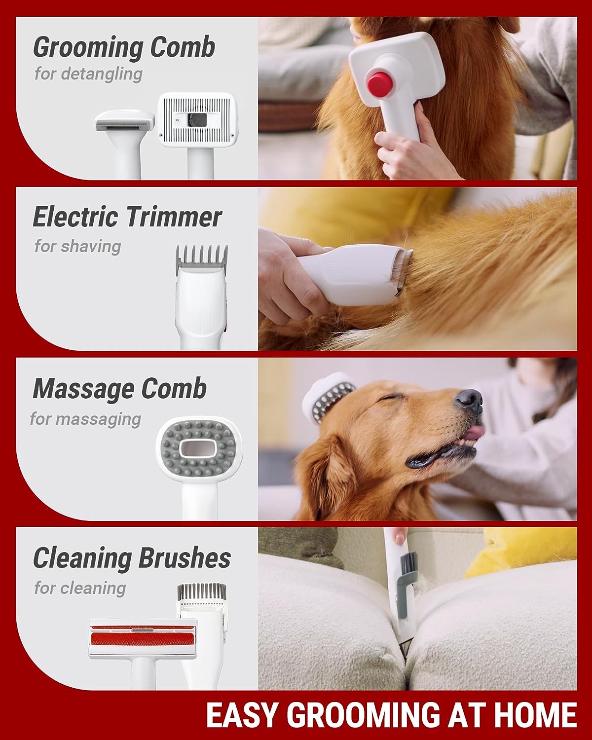 VacLife Aspirateur pour poils d'animaux pour le toilettage avec tondeuse pour chien – Kit de toilettage polyvalent avec brosses et autres outils de toilettage pour chiens et chats – Faible bruit – Blanc et rouge