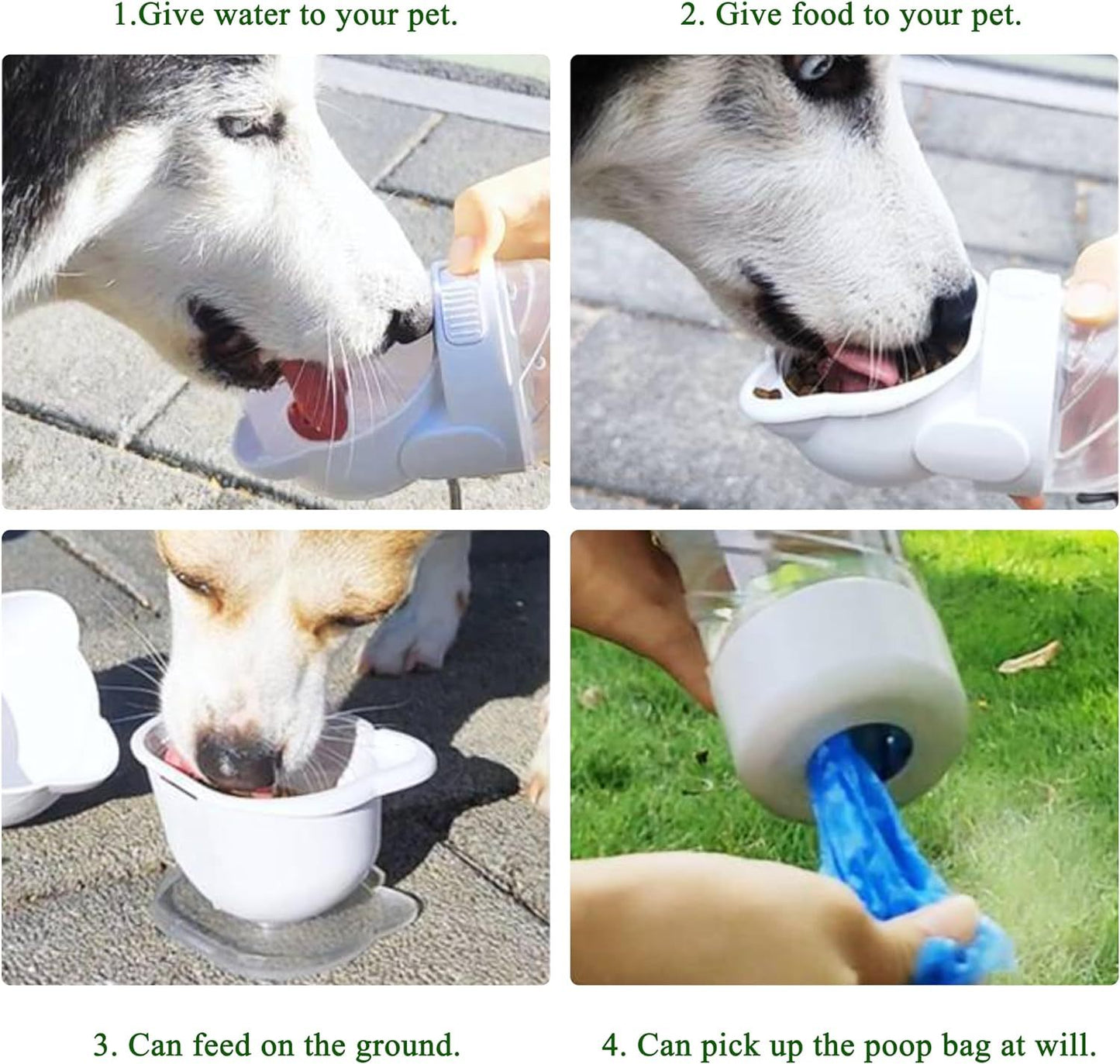 Botella de agua para mascotas 3 en 1, botella de agua portátil para perros al aire libre con contenedor de alimentos, dispensador de bolsas de basura para gatos, cachorros, mascotas, accesorios para caminar, senderismo, viajes