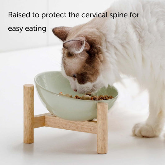 Cuenco elevado para gatos de interior, cuenco básico para gatos con soporte de madera para agua y comida, cuenco elevado de cerámica, antideslizante y fácil de limpiar, color dopamina 