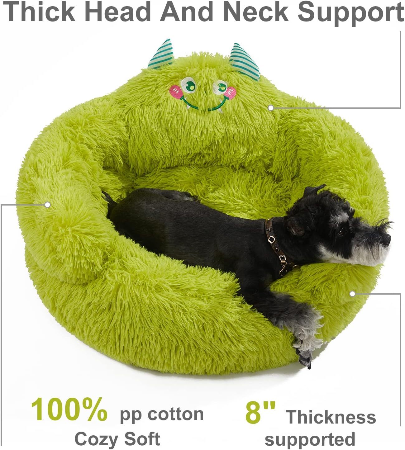 Bonita cama relajante para perros y gatos, para interiores, con cojín alto, tipo donut, cómoda y afelpada, ideal para perros y gatos pequeños, con dibujos animados, suave, color verde