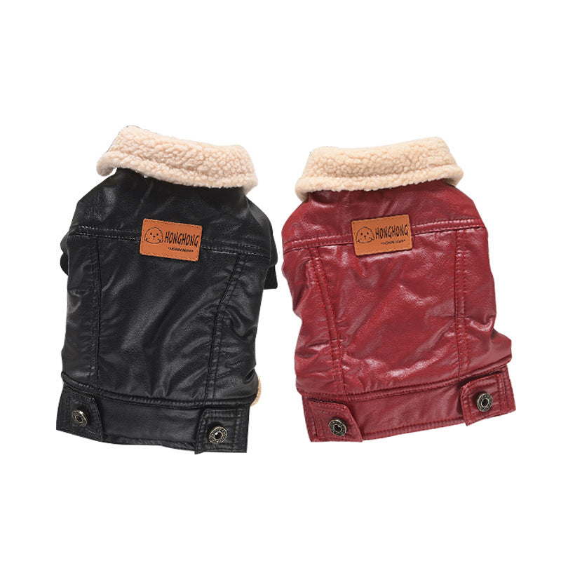 Two-legged PU Pet Leather Coat Autumn And Winter Fleece-lined Warm