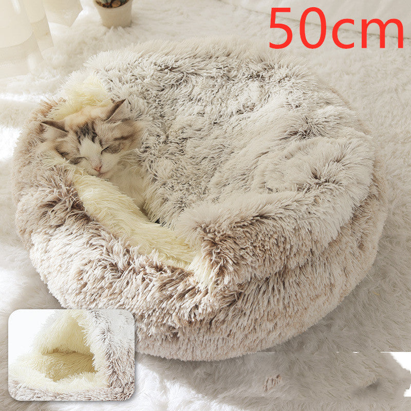 Lit d'hiver 2 en 1 pour chien et chat, lit rond en peluche chaud, maison douce et longue en peluche pour animaux de compagnie