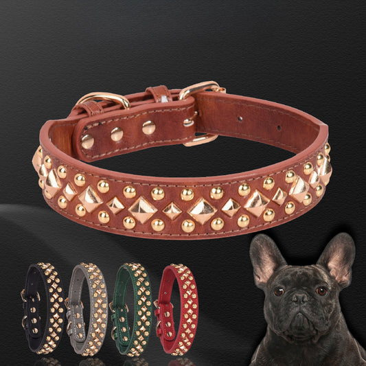 Rivet Leather Collar Golden Rivet Decoration Pet Dog Collar , Apply To Small Medium Large Dogs ,Retro Style Collar