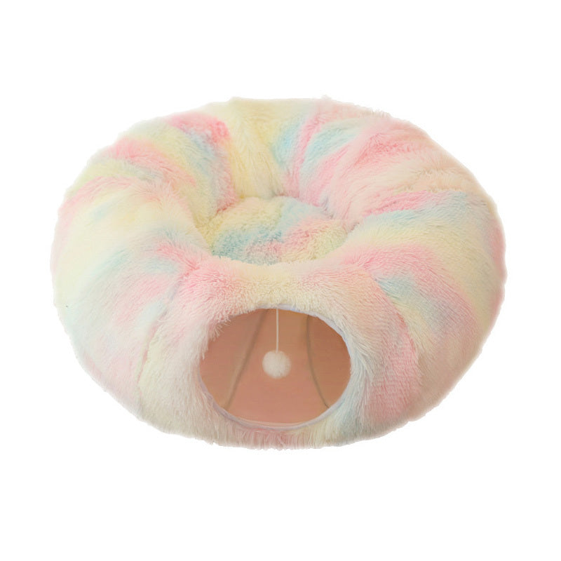 Lit pour chat en peluche chaud avec tunnel pour chats d'intérieur pliable en forme de donut pour chat, grotte de couchage antidérapante pour chaton, fournitures pour animaux de compagnie