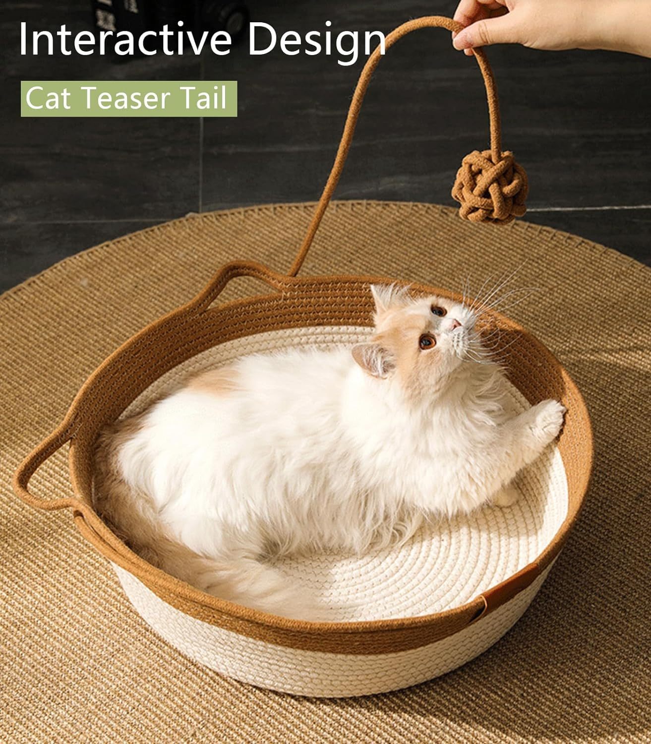 Hand Woven Cat Bed With Toy Tail Kitten Shaped House Natural Cotton Linen Cat Scratch Pad Breathable And Odorless Indoor Puppy Bed Mat