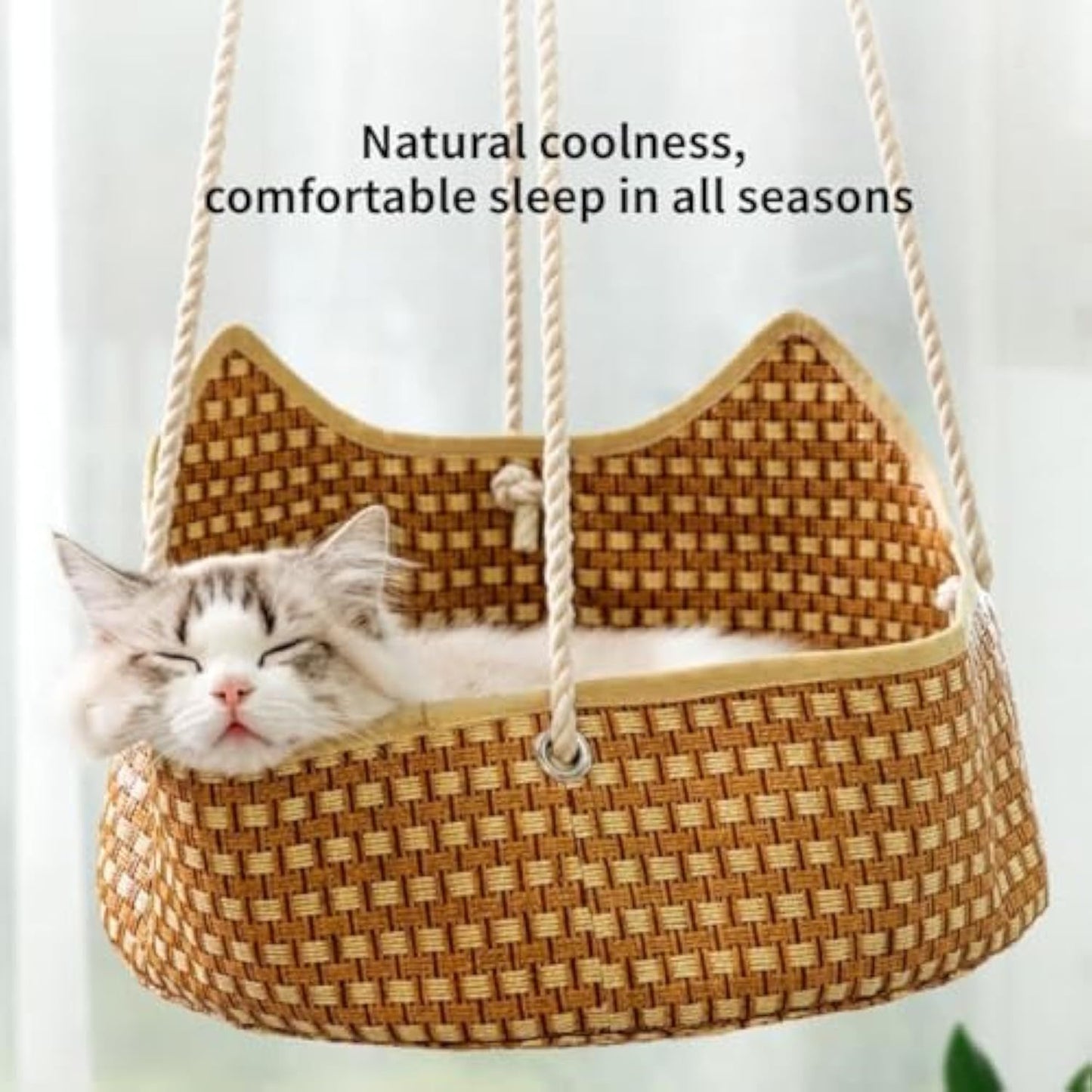 Breathable Cat Hammock - Rattan Crafted Cat Cage With Metal Hooks - Indoor Outdoor Pet Bed- Comfortable Cat Perch For Sleeping Playing Climbing, And Lounging