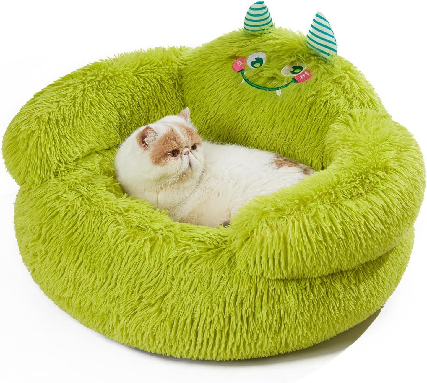 Bonita cama relajante para perros y gatos, para interiores, con cojín alto, tipo donut, cómoda y afelpada, ideal para perros y gatos pequeños, con dibujos animados, suave, color verde