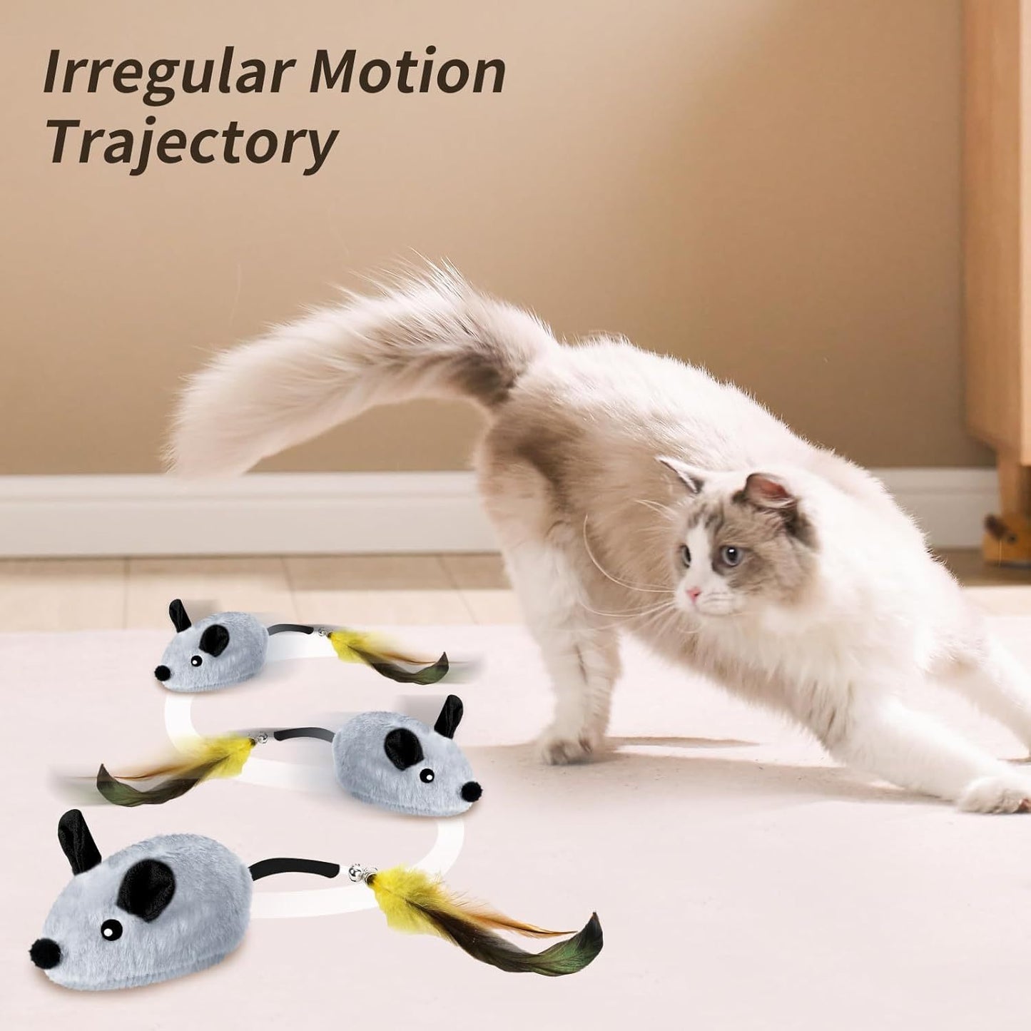 Interactive Cat Toys Mouse For Indoor Cats Rechargeable LED Cat Mouse Toy Feather Bell Tail Lifelike Electric Automatic Moving Mouse Cat Toy For All Breeds Cat Boredom Exercise