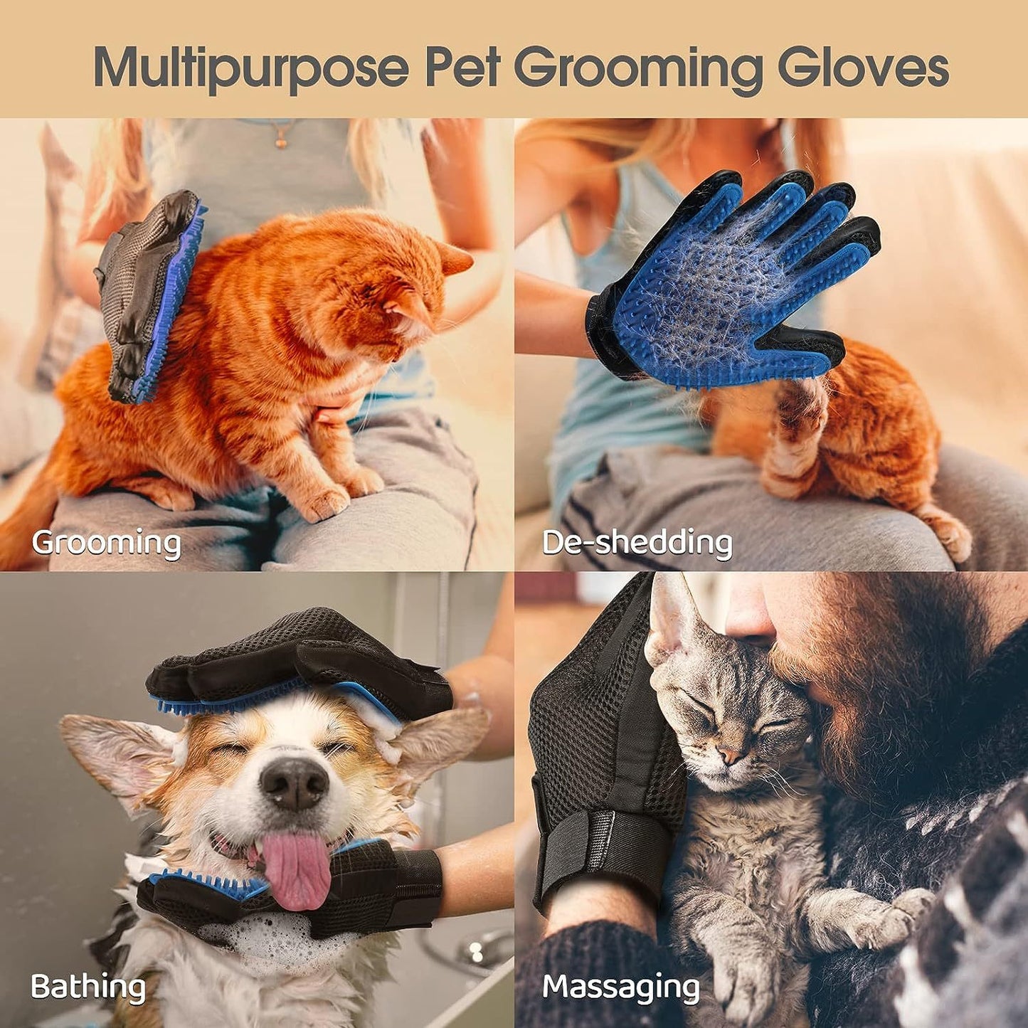 Gants de toilettage pour animaux de compagnie, brosses pour chats pour une perte douce, efficace, mitaines d'épilation pour animaux de compagnie, gants de lavage pour chiens à poils longs et courts, chiens, chats, chevaux