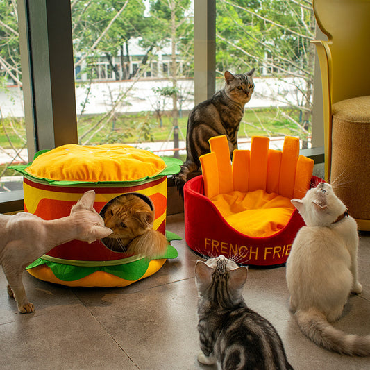 Cama para gatos de terciopelo supersuave de cristal con nido de red universal para las cuatro estaciones en color rojo