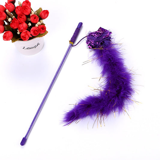 Juguete interactivo con forma de palo para gatos morado, boa de plumas brillantes con bola arrugada, divertido y adorable juguete para entrenar gatos de interior, juguetes interactivos para gatos de interior