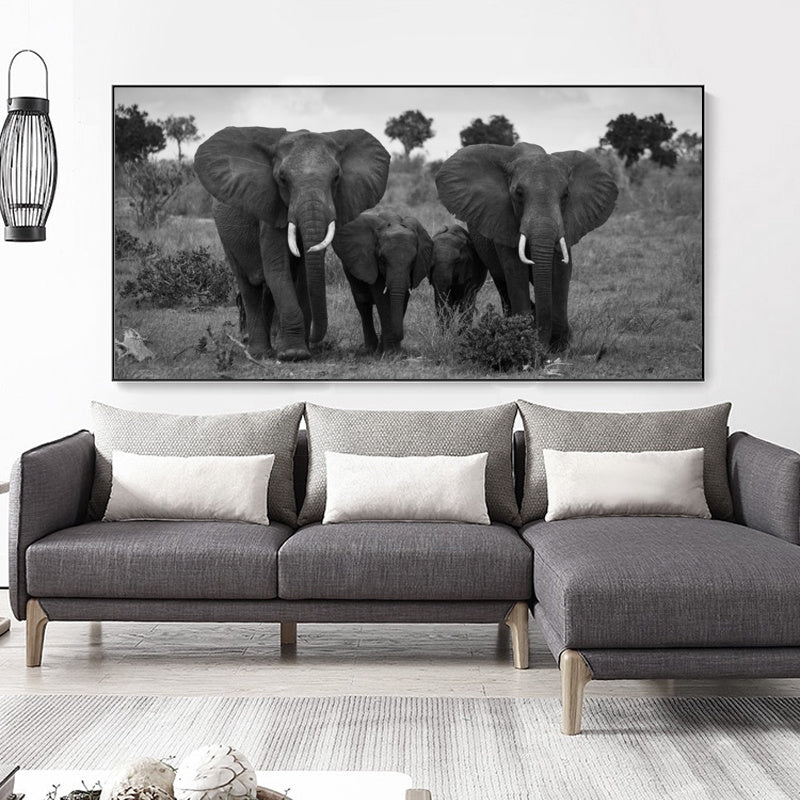 Black And White Animal Poster African Wild Elephant Family Portrait Home Decor