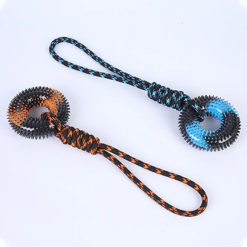 Knot Rope Dog Accessories Hand Pull Double Color Barbed Circle Molar Bite Resistance Interactive Training Pull Rope Dog Toys