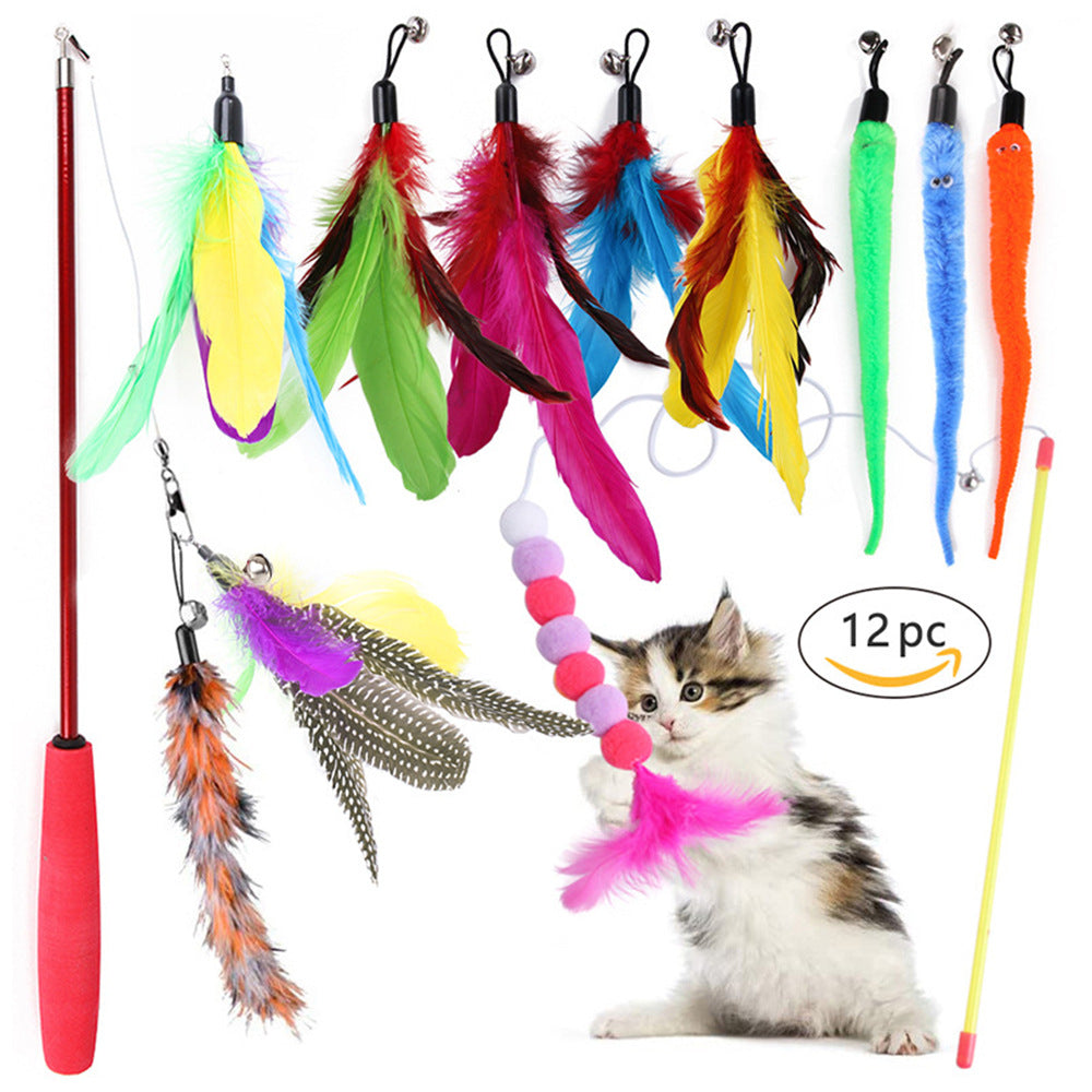 Juguete para gatos, pluma, campana retráctil, repuesto, cabezal de pesca, caña de pescar, juego de 12 piezas